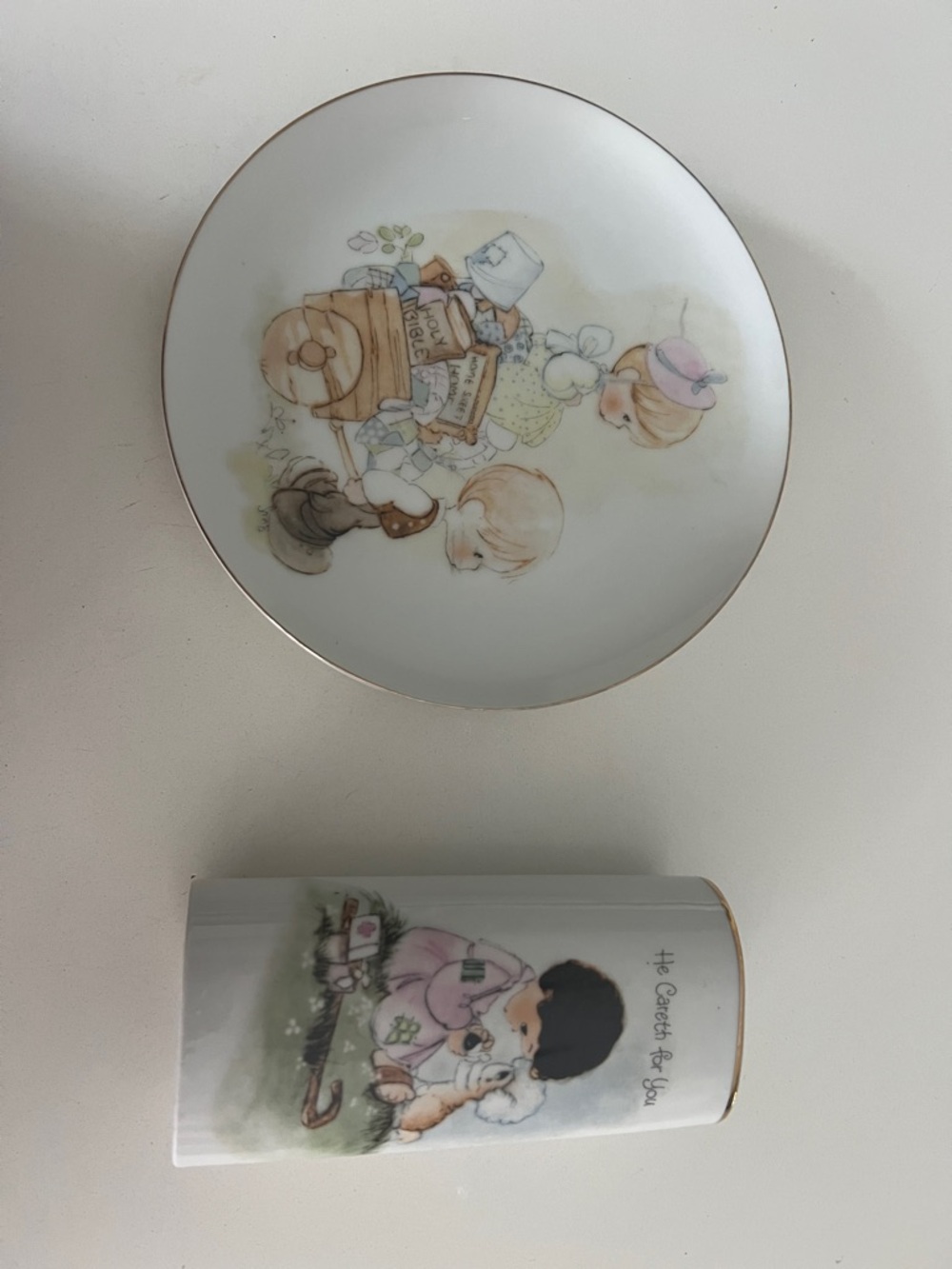 Vintage Precious Moments (1978)  White Porcelain Plate and Vase with Gold Trim